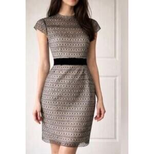 Milly black cream organza overlay velvet bow belt cap sleeve sheath mini dress 0